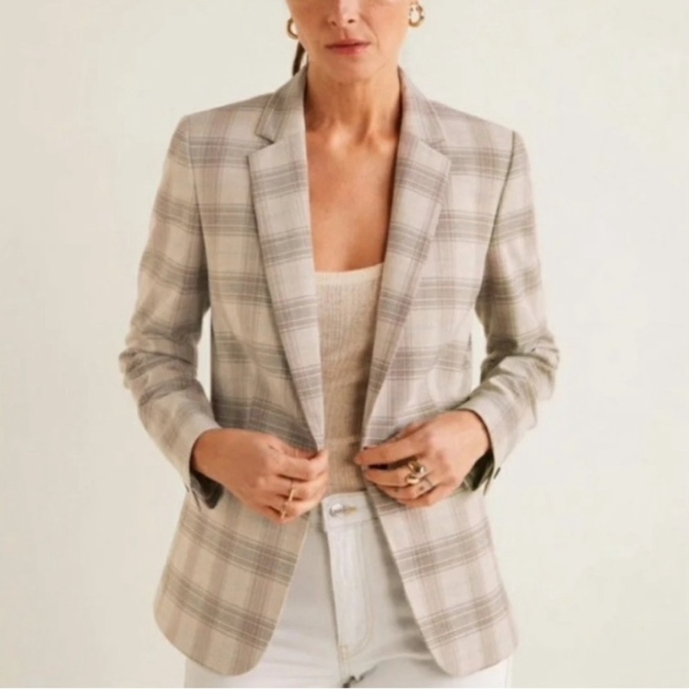 Mango Gray Pink & Cream Plaid One Button Blazer Sz 6